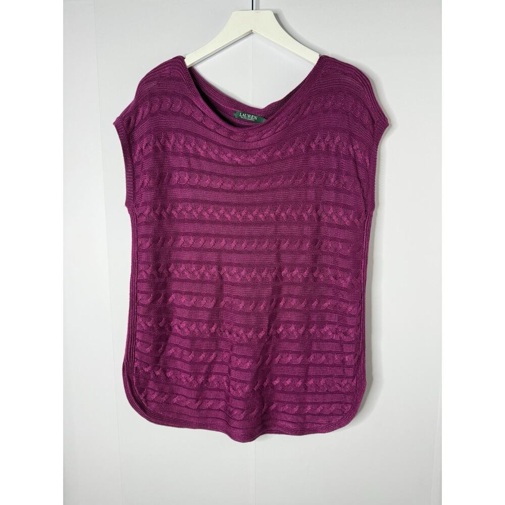 Lauren Ralph Lauren Cable Knit Cap Sleeve Sweater Sz‎ L Purple Pink Boatneck